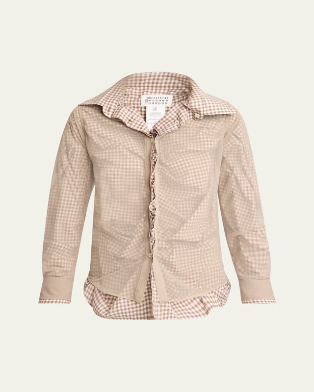 Ruched Hybrid Check Button Down Blouse